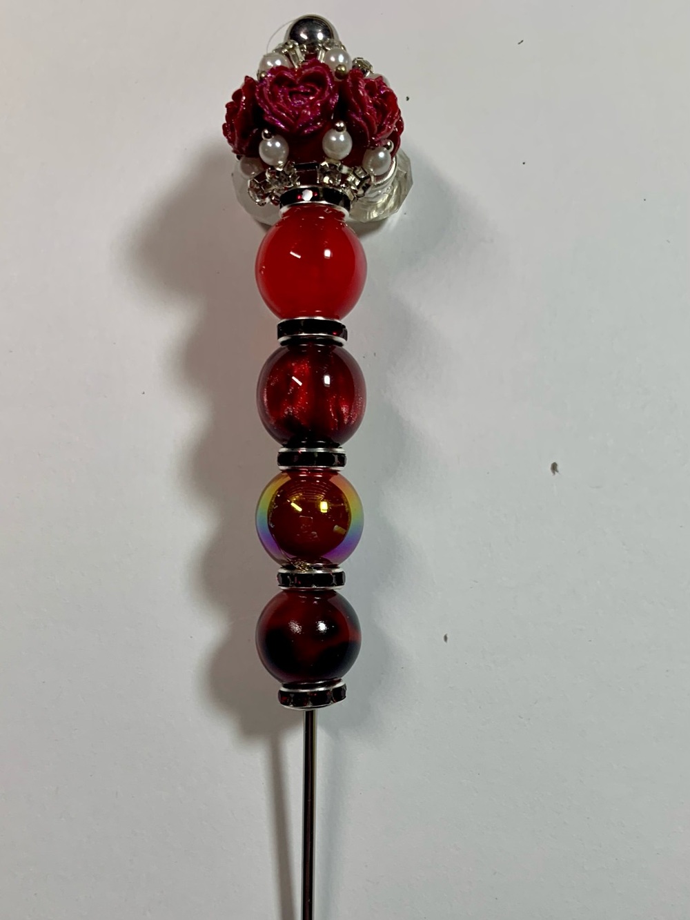 Red Beaded 6” Pokey tool with Floral and Pearl Accents